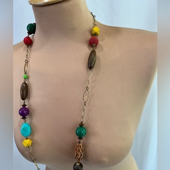 Multi Color Chunky Bead & Chain Link Boho Statement Necklace Festival - Picture 2 of 7